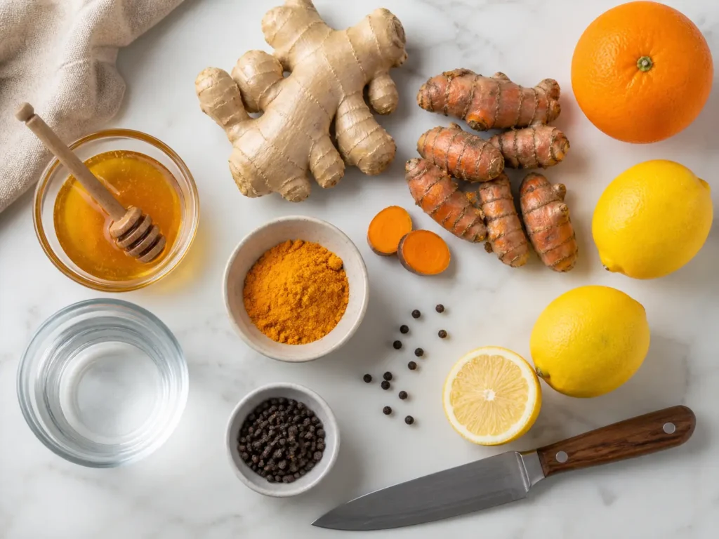 Zutaten für Ingwer Kurkuma Shot mit Ingwer Kurkuma Zitrone Orange und Honig