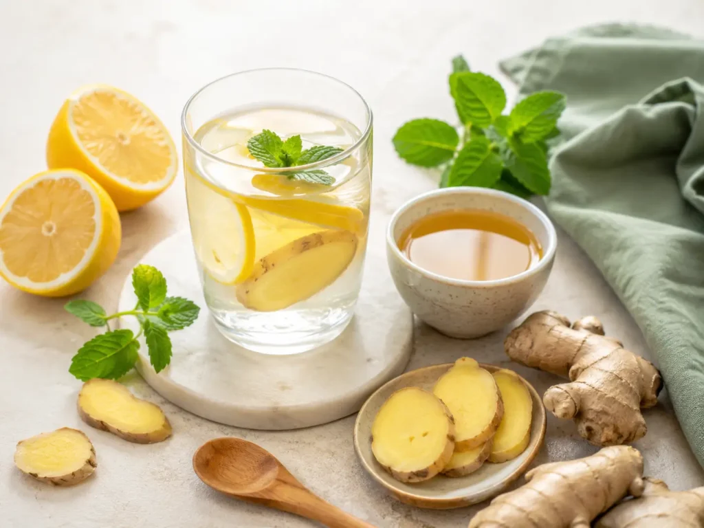 Ingwer zum Abnehmen mit Zitronenwasser, Ingwertee und frischen Zutaten