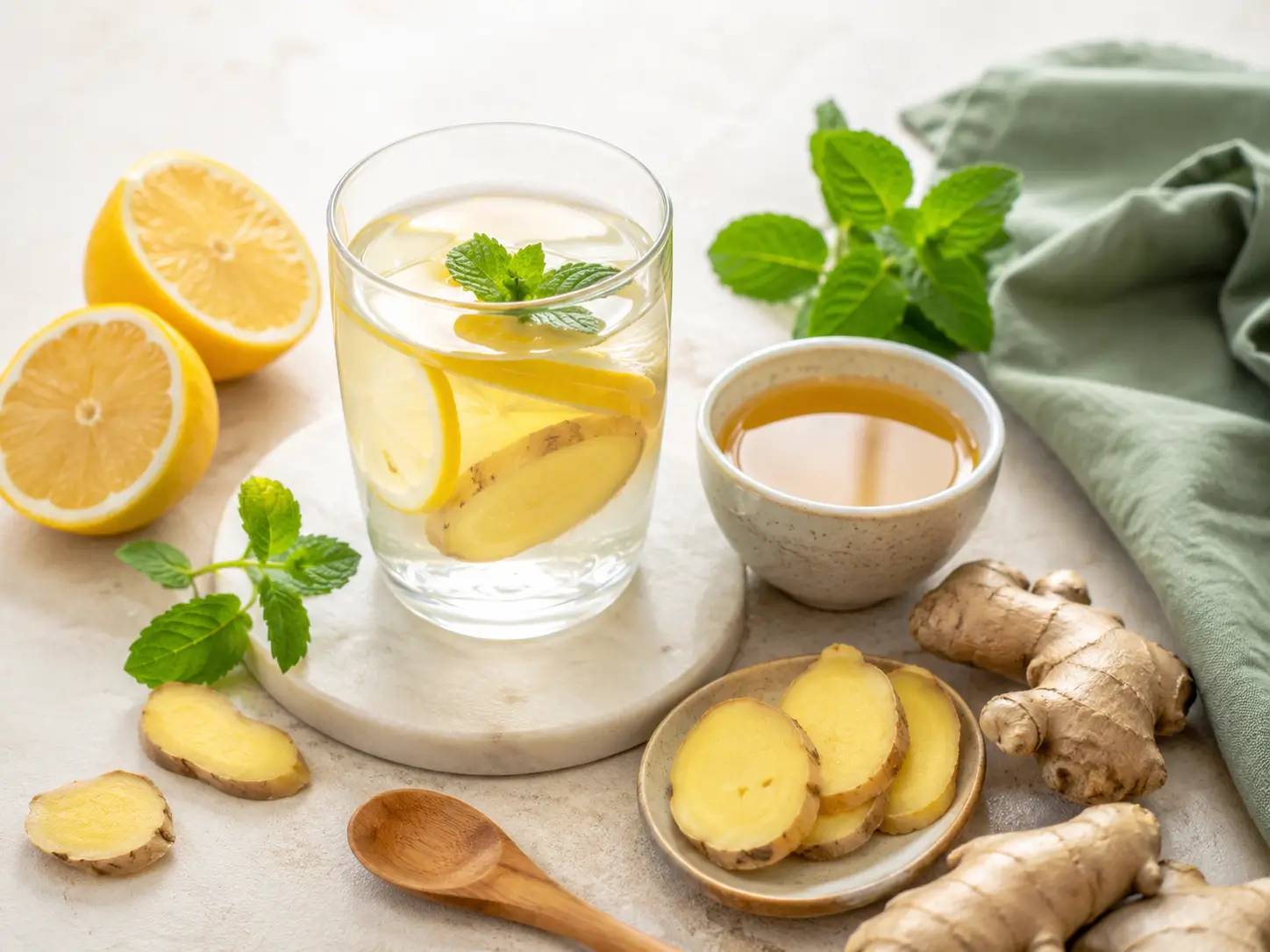 Ingwer zum Abnehmen mit Zitronenwasser, Ingwertee und frischen Zutaten