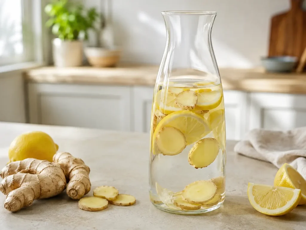 ingwerwasser mit zitrone und ingwer in karaffe ziehen lassen