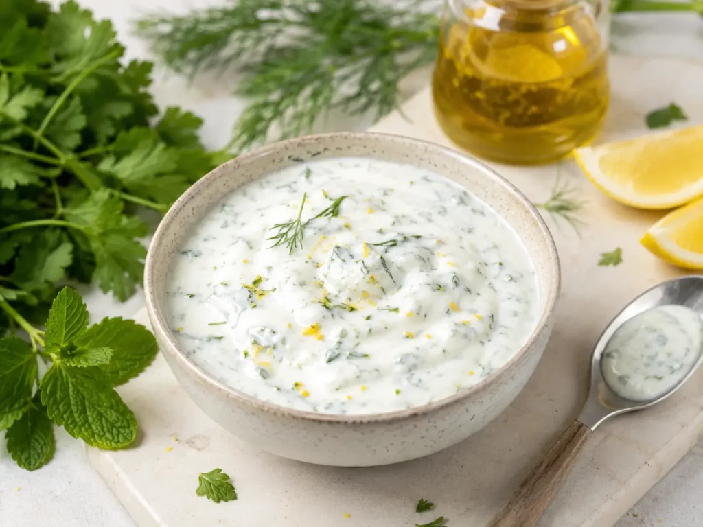 cremiges Joghurt-Dressing für Halloumi Salat mit Zitrone und Kräutern