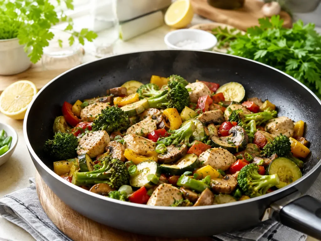Kalorienarmes Abendessen mit Gemüsepfanne und Hähnchen oder Tofu