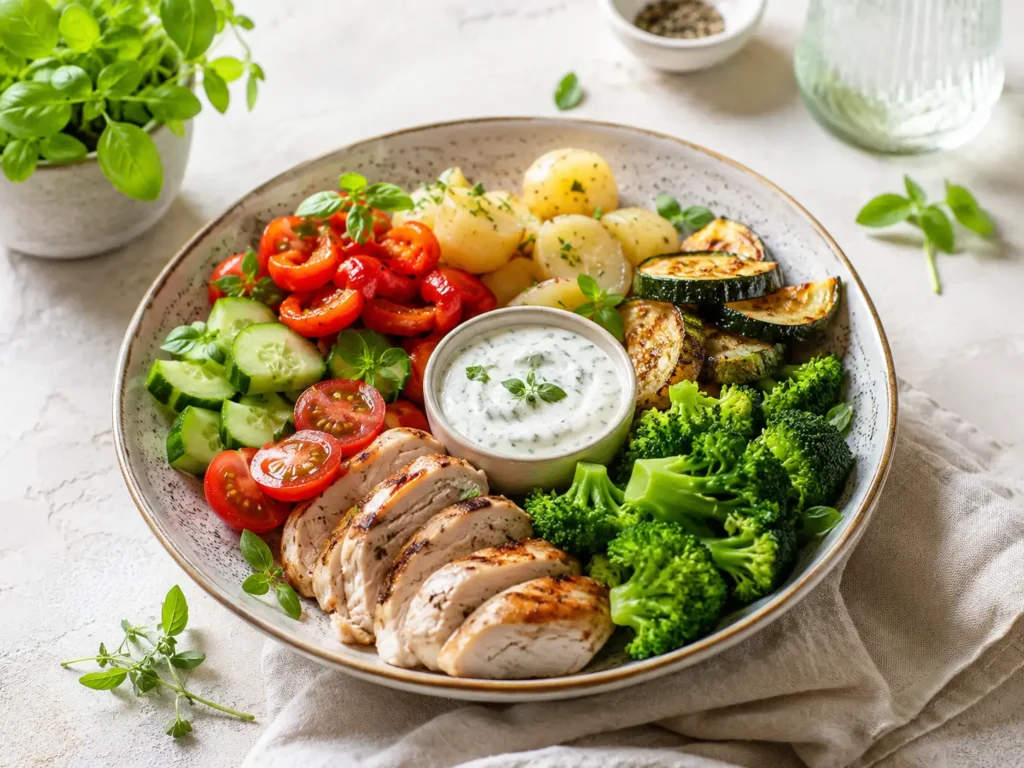 Kaloriendefizit Hähnchen-Gemüse-Bowl mit Brokkoli, Kartoffeln und Joghurt-Kräuter-Sauce