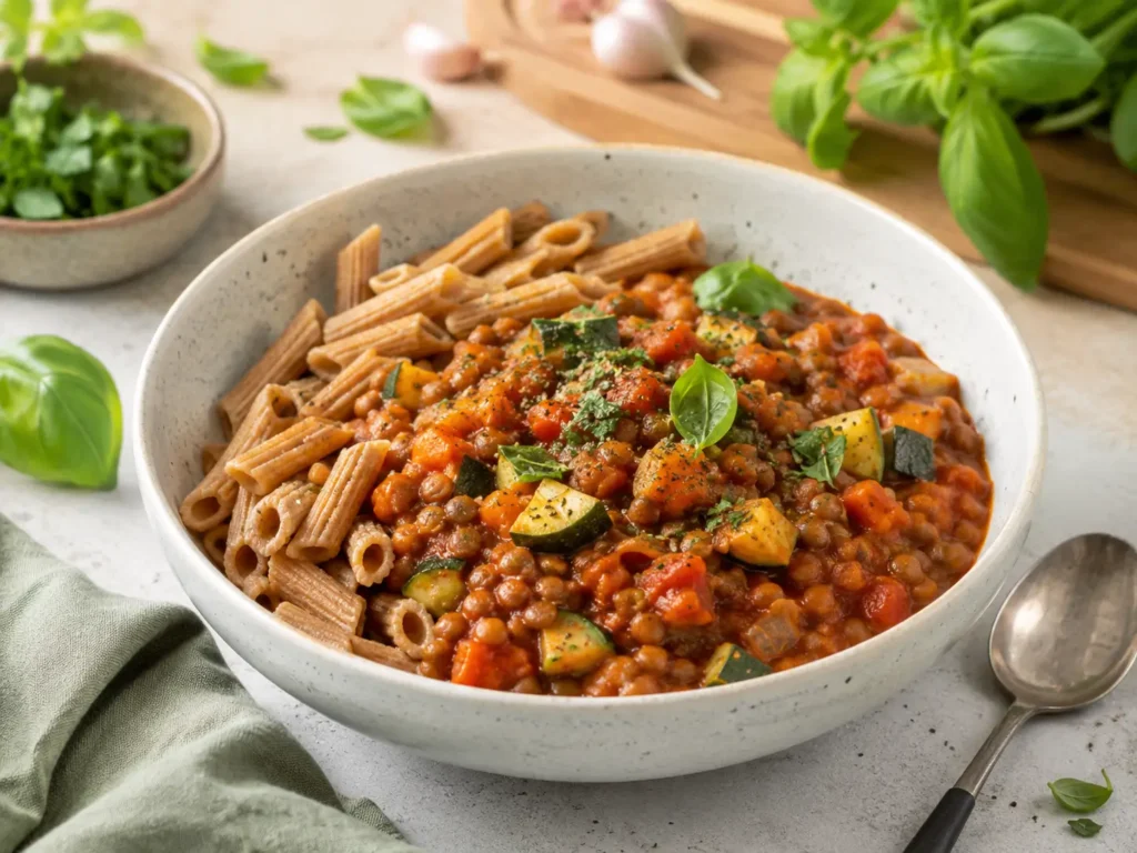 Vegetarische Linsen-Bolognese als sättigendes Kaloriendefizit Rezept mit Gemüse und Vollkornpasta