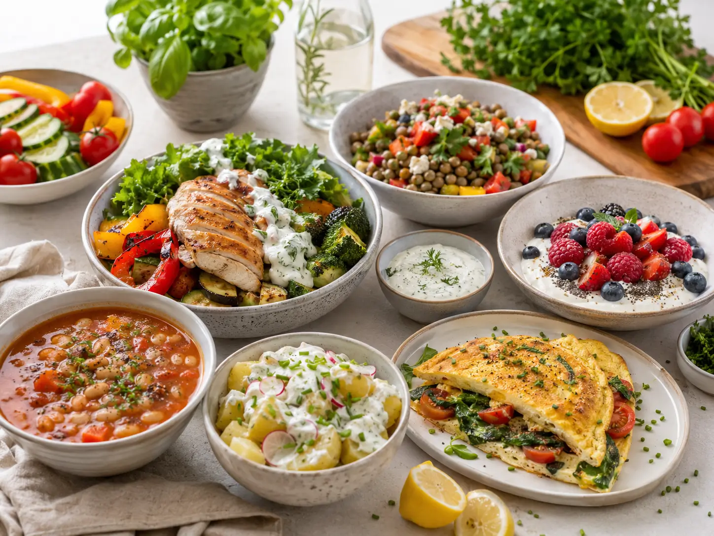 Ausgewogene Kaloriendefizit Rezepte mit Gemüse, Protein, Salat, Bowl und leichter Suppe