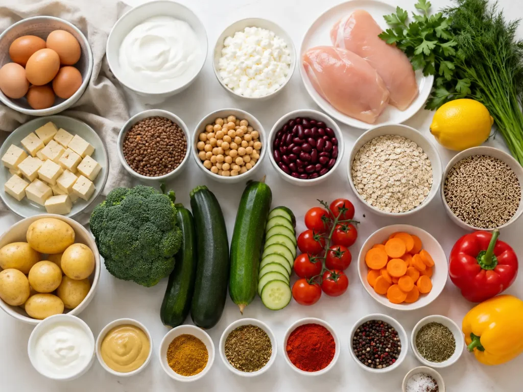 Zutaten für Kaloriendefizit Rezepte mit Proteinquellen, Gemüse, Kartoffeln, Hülsenfrüchten und Kräutern