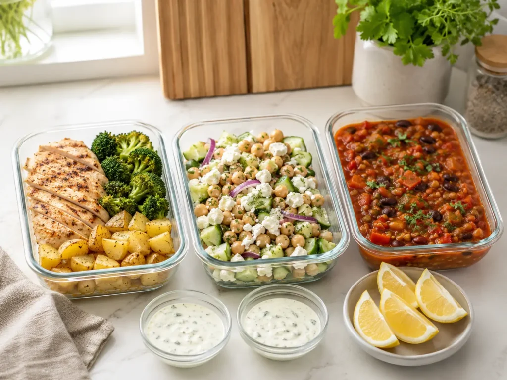 Meal Prep Kaloriendefizit Rezepte mit Hähnchen, Kichererbsensalat und Gemüse-Chili