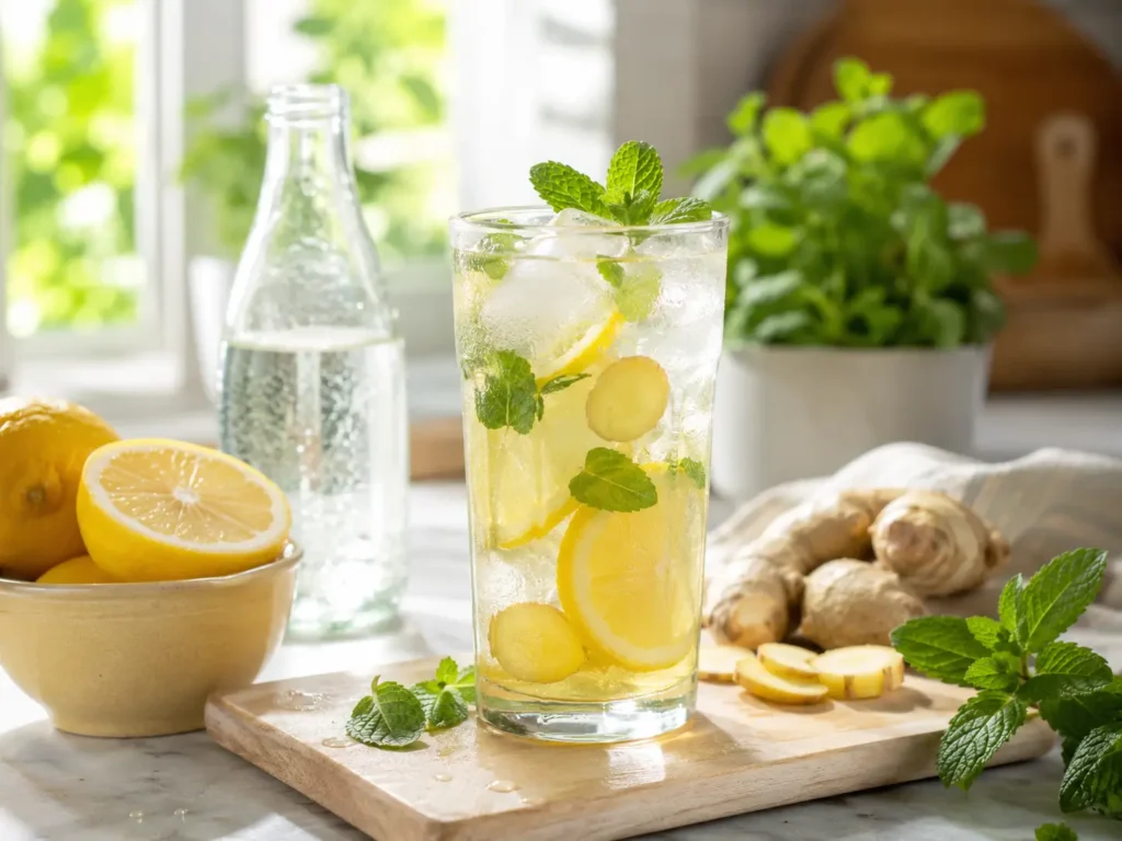 Kaltes Ingwer Zitrone Getränk mit Eiswürfeln Minze und Zitrone
