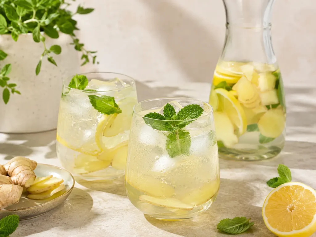 kaltes ingwerwasser mit zitrone eiswürfeln und minze
