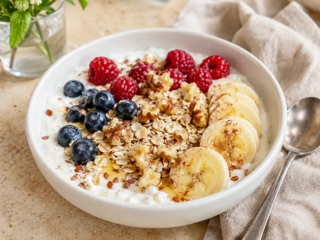 Kefir Bowl mit Beeren, Haferflocken, Banane und Walnüssen