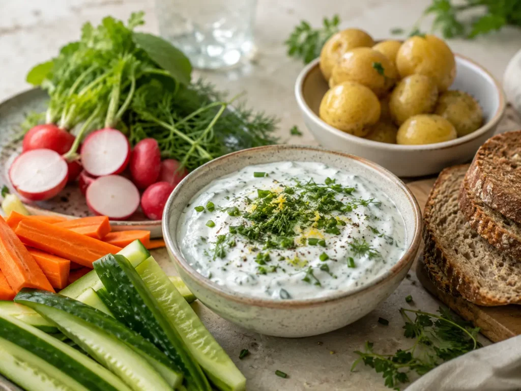 Kefir Dip mit Kräutern, Gemüse und Kartoffeln