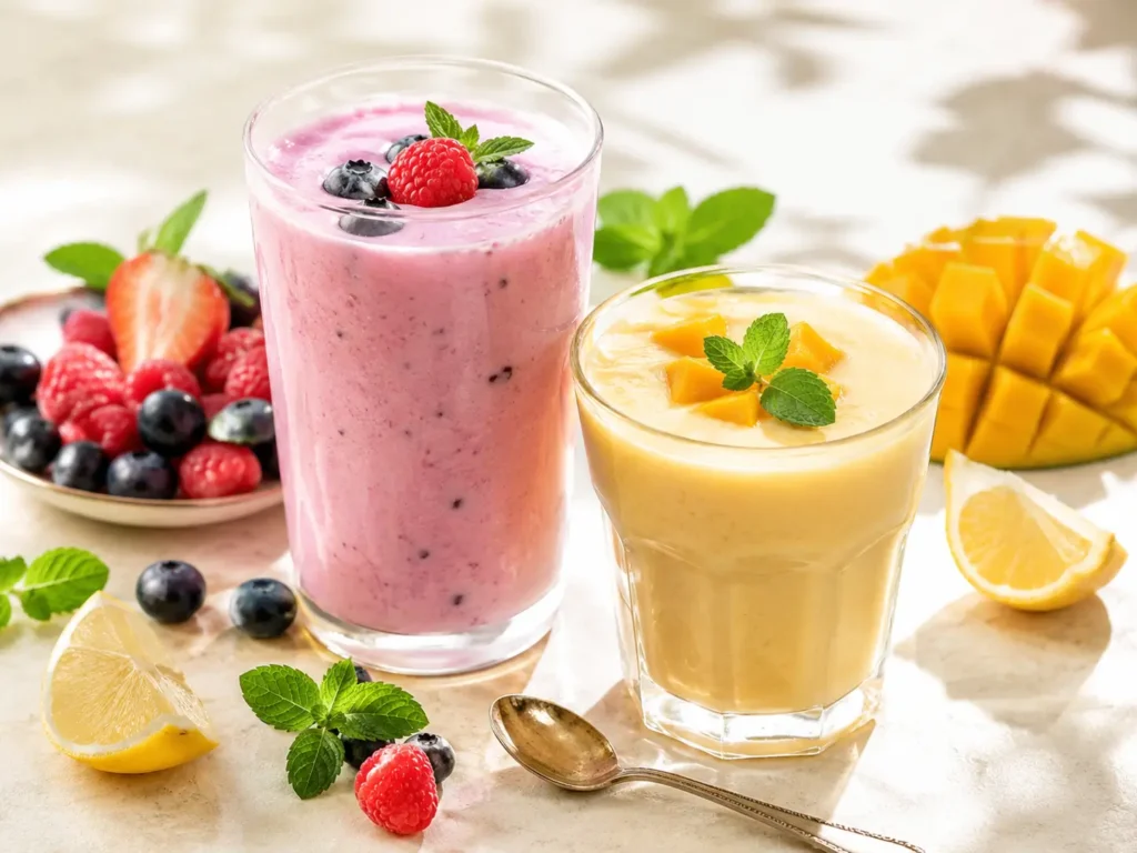 Kefir Drink mit Beeren und Mango als cremiger Smoothie