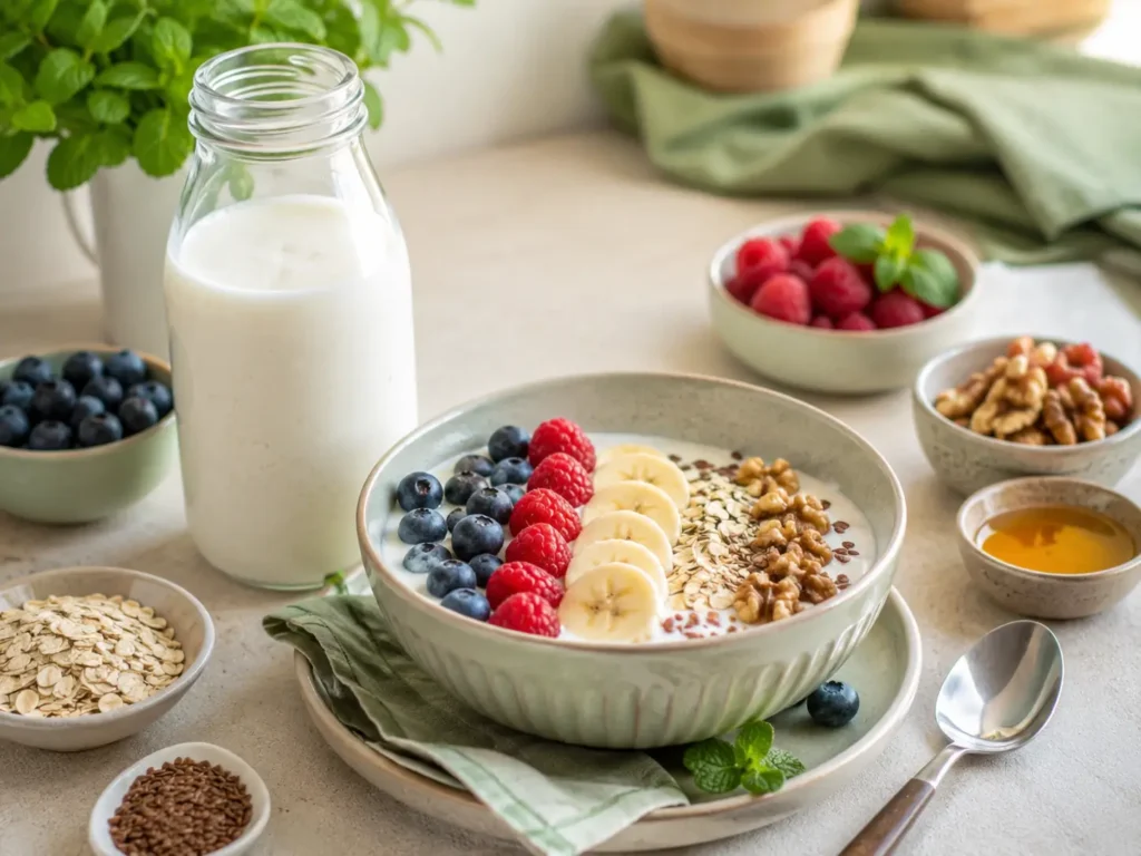 Kefir Frühstück mit Beeren, Haferflocken und Nüssen in einer cremigen Bowl