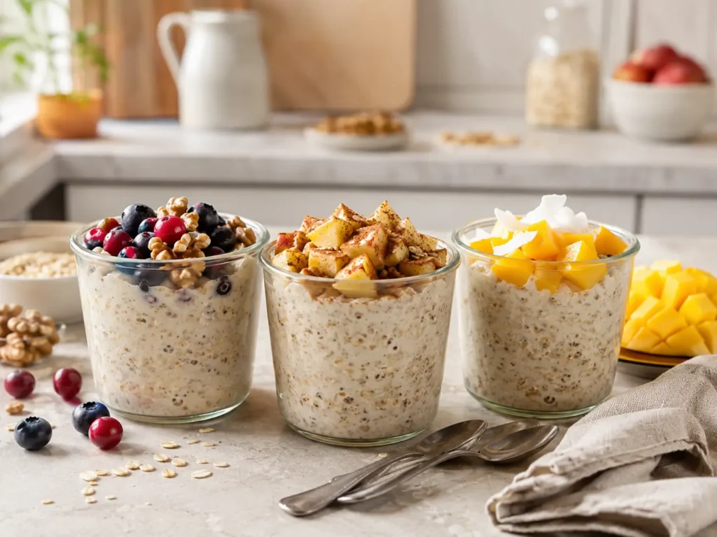 Kefir Overnight Oats im Glas mit Beeren, Apfel und Mango