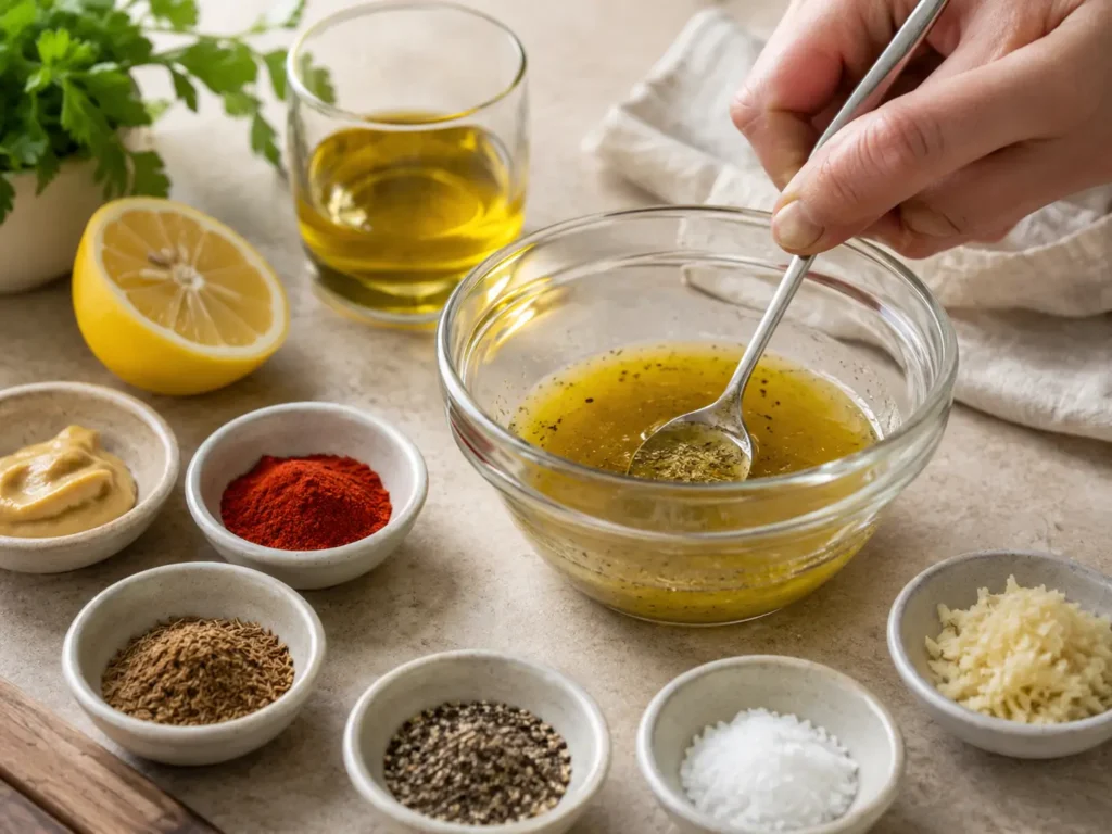 Zitronen-Olivenöl-Dressing für Kichererbsensalat mit Knoblauch, Senf und Gewürzen