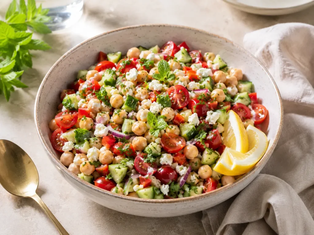 Kichererbsensalat mit Gurke, Tomaten, Paprika, Feta und frischen Kräutern in einer hellen Schüssel
