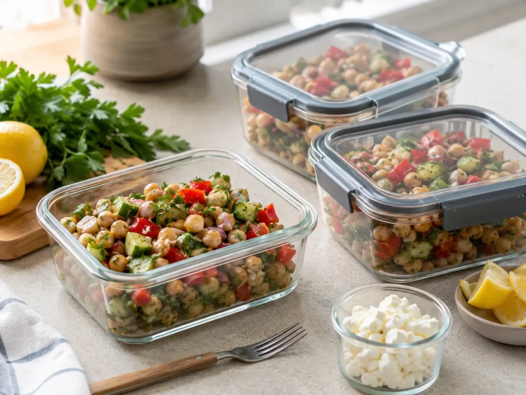 Kichererbsensalat als Meal Prep in Glasboxen mit Feta und Zitronenspalten