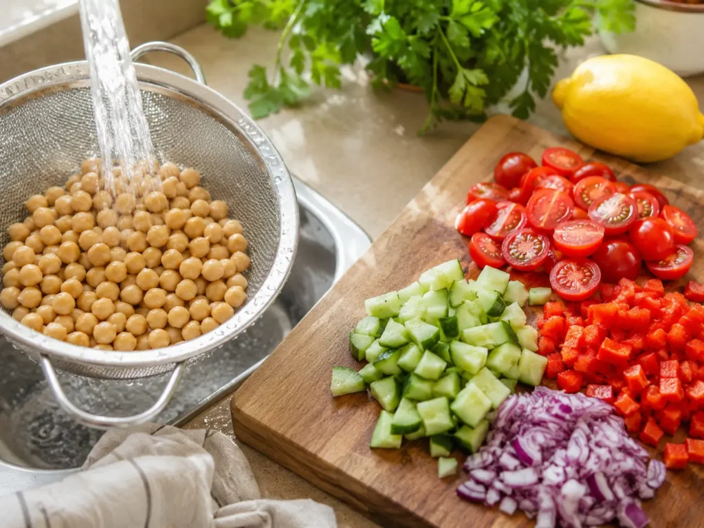 Kichererbsen werden für Kichererbsensalat abgespült, daneben liegen geschnittenes Gemüse und Kräuter