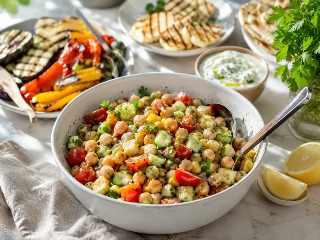 Kichererbsensalat als Grillbeilage mit Halloumi, Gemüse, Fladenbrot und Joghurt-Dip