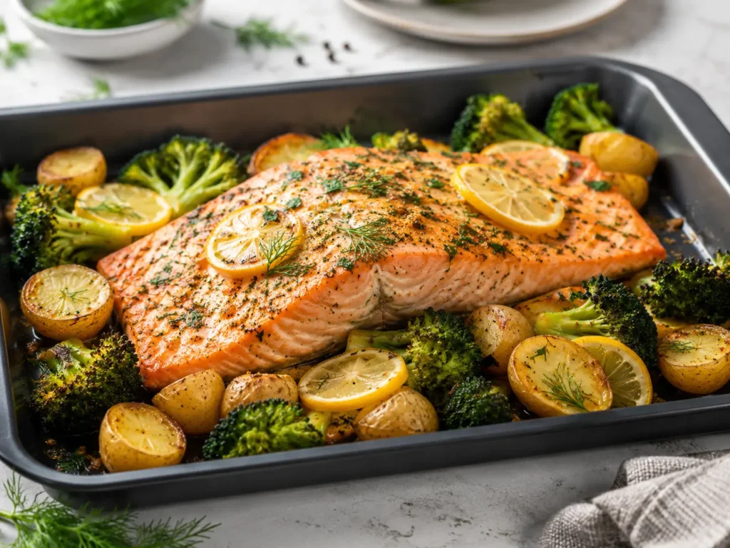 Lachs aus dem Ofen mit Brokkoli und Kartoffeln als High Protein Abendessen
