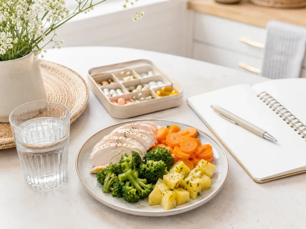 Langfristige Ernährung nach bariatrischer OP mit kleiner proteinreicher Mahlzeit, Wasser und Ernährungsroutine
