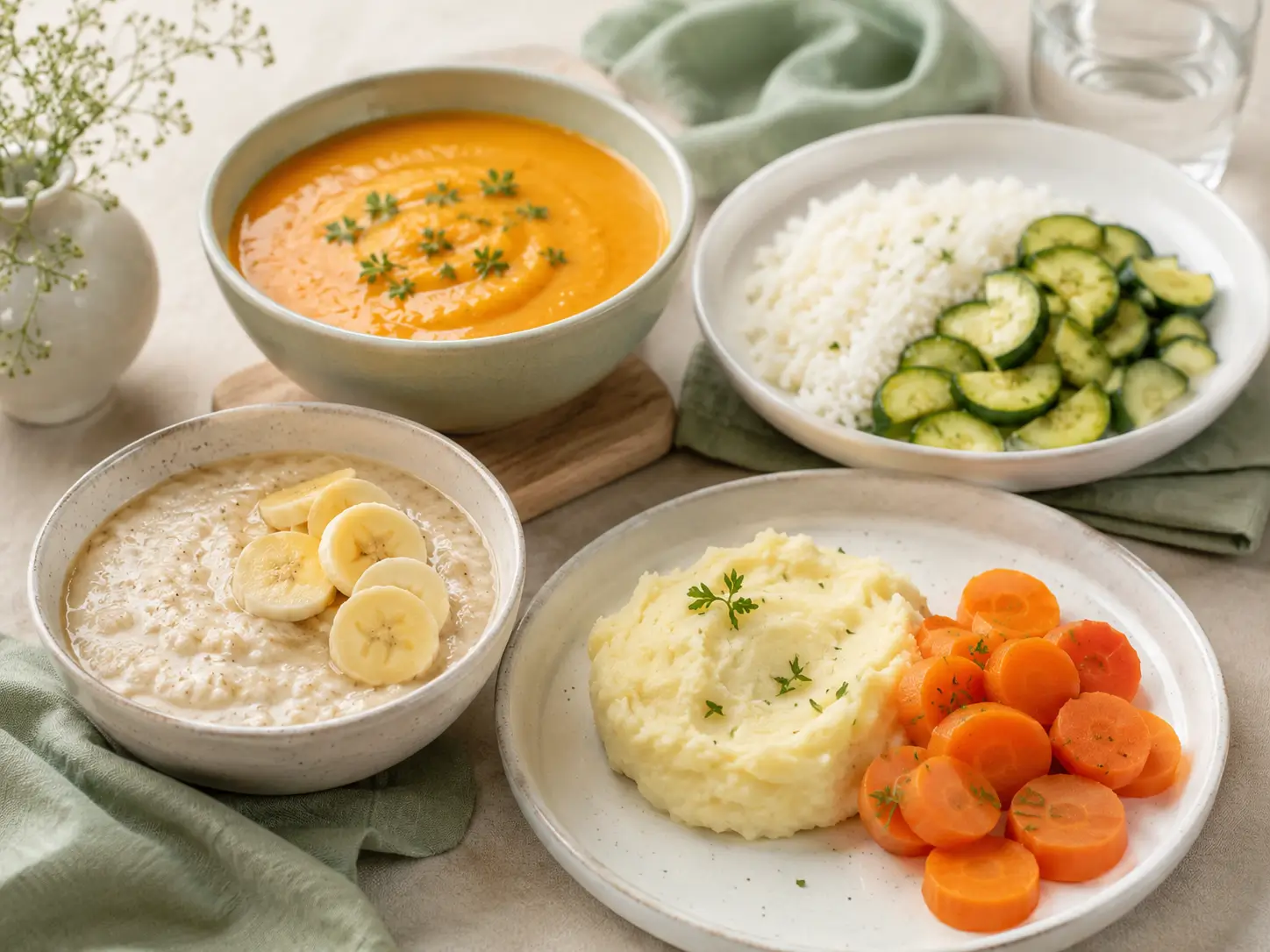 Leicht verdauliche Rezepte mit Haferbrei, Kartoffel-Möhren-Suppe, Reis und mildem Gemüse