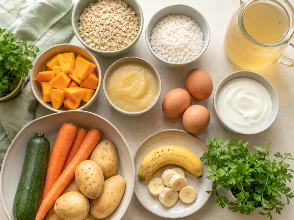 Zutaten für leicht verdauliche Rezepte mit Kartoffeln, Möhren, Reis, Haferflocken, Banane und Joghurt