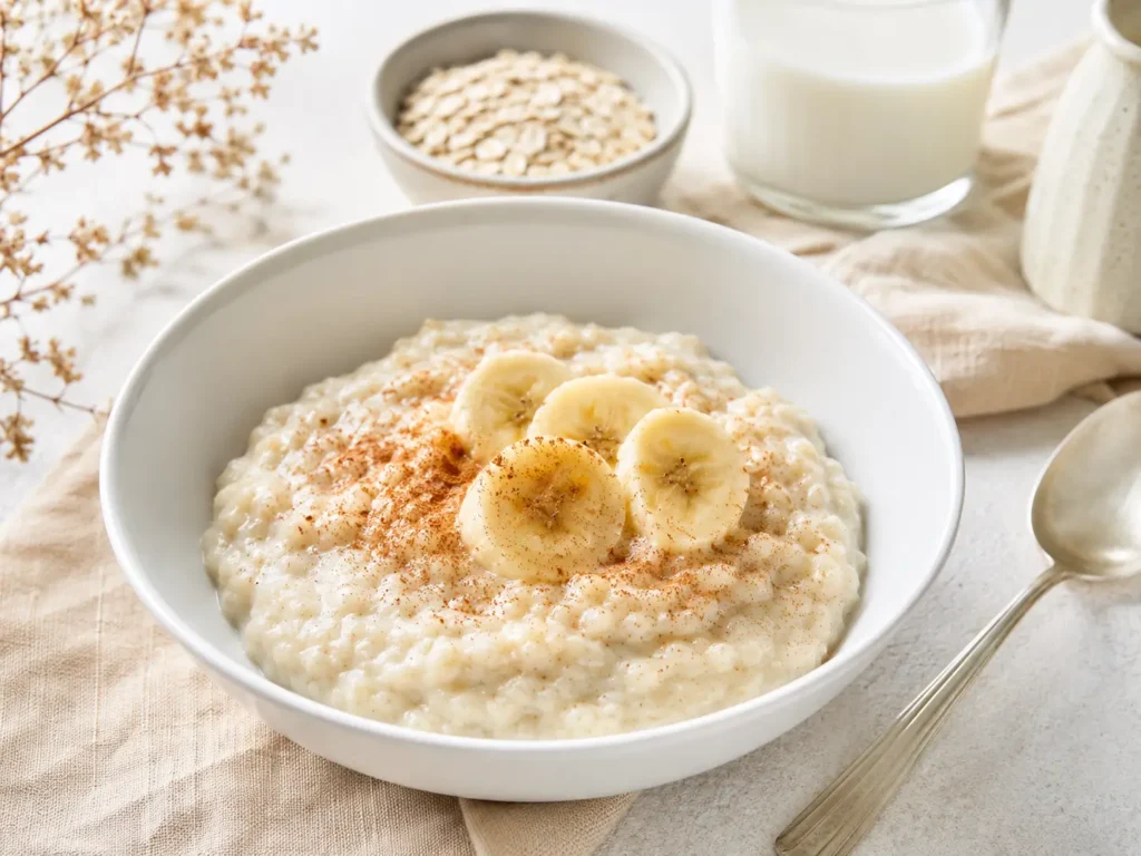 Leicht verdaulicher Haferbrei mit Banane als mildes Frühstück