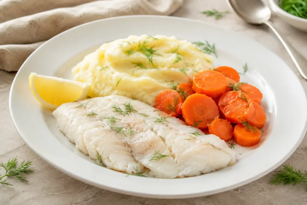 Leicht verdauliches Abendessen mit gedünstetem Fisch, Kartoffelbrei und Möhren