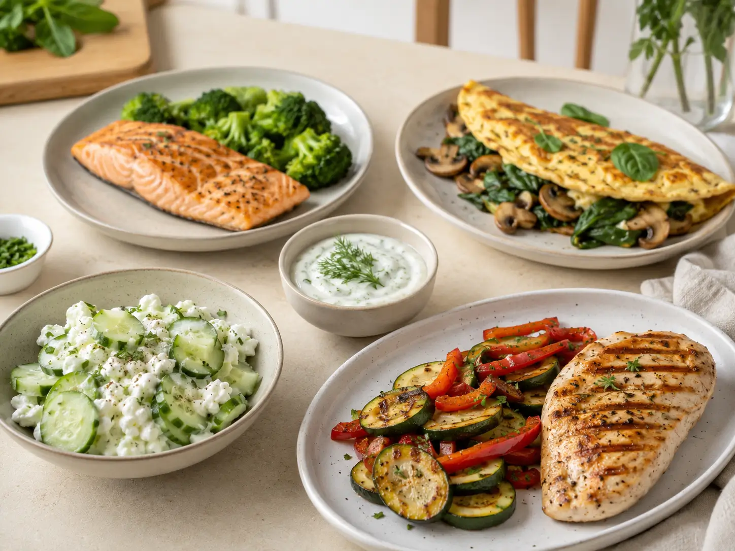 Leichtes Abendessen ohne Kohlenhydrate mit Gemüse, Fisch, Hähnchen und frischen Zutaten