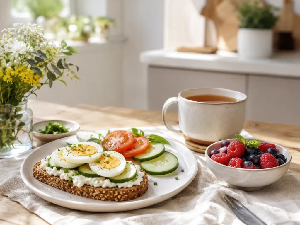 Leichtes sättigendes Frühstück zum Abnehmen mit Vollkornbrot, Ei und Gemüse