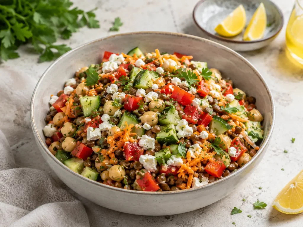 Über Nacht Salat mit Linsen, Kichererbsen, Feta, Gemüse und Zitronen-Dressing