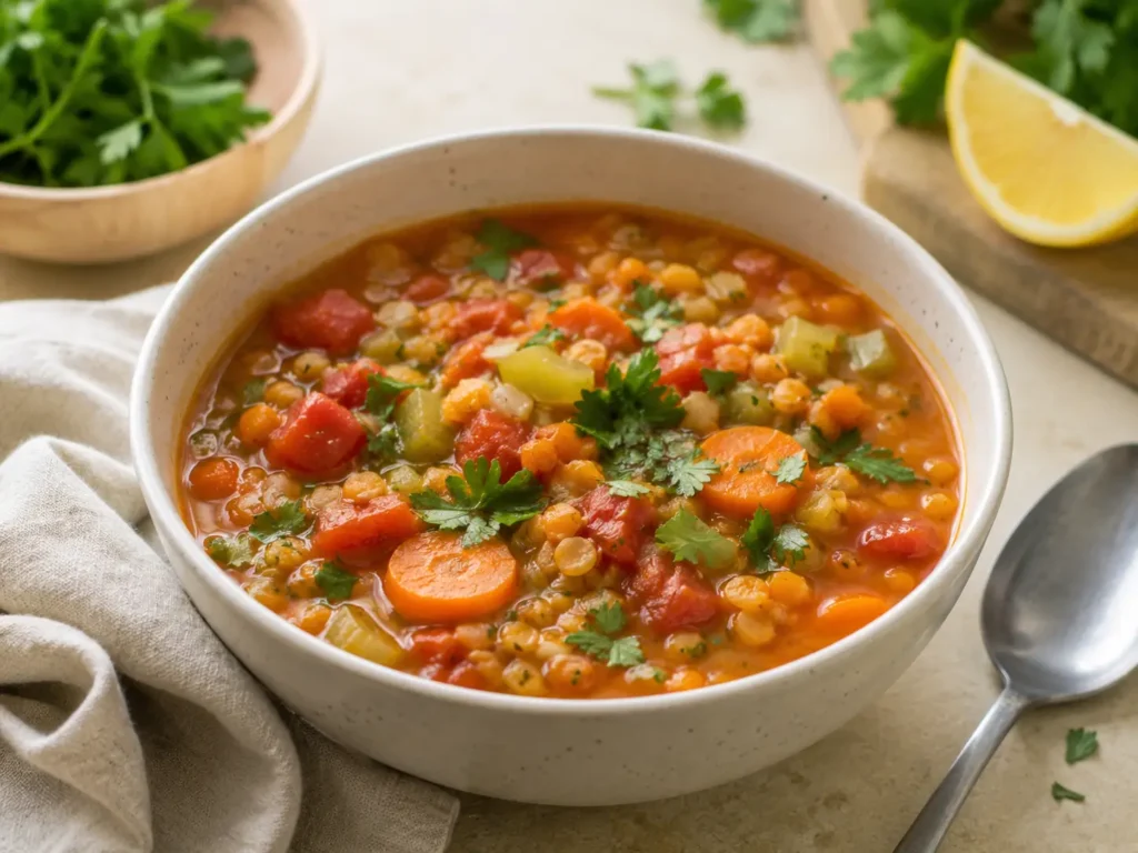 Linsensuppe als sättigendes Abendessen zum Abnehmen mit Gemüse und Kräutern