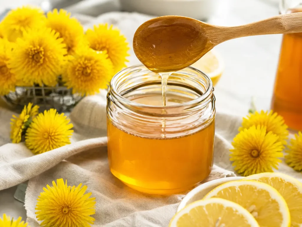 Löwenzahnhonig Rezept mit frischen Löwenzahnblüten und Glas veganem Honig-Ersatz