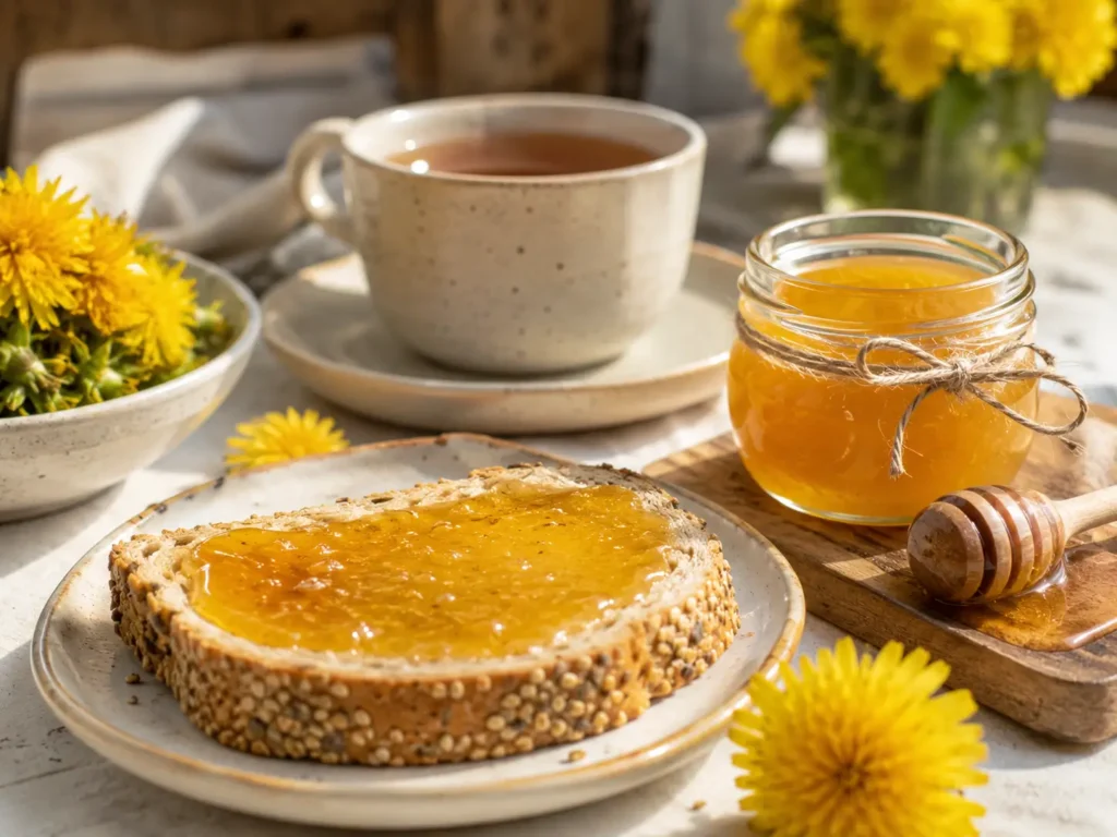 Löwenzahnhonig auf Brot mit Tee als veganer Honig-Ersatz