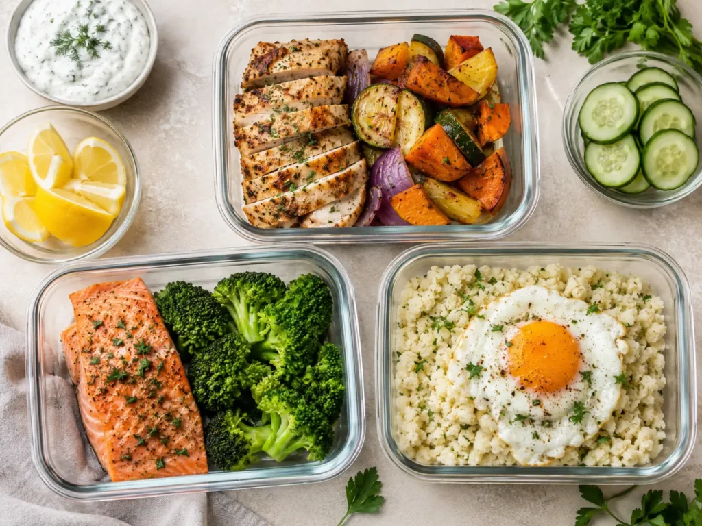 Low Carb Abendessen Meal Prep mit Hähnchen, Lachs, Gemüse und Blumenkohlreis