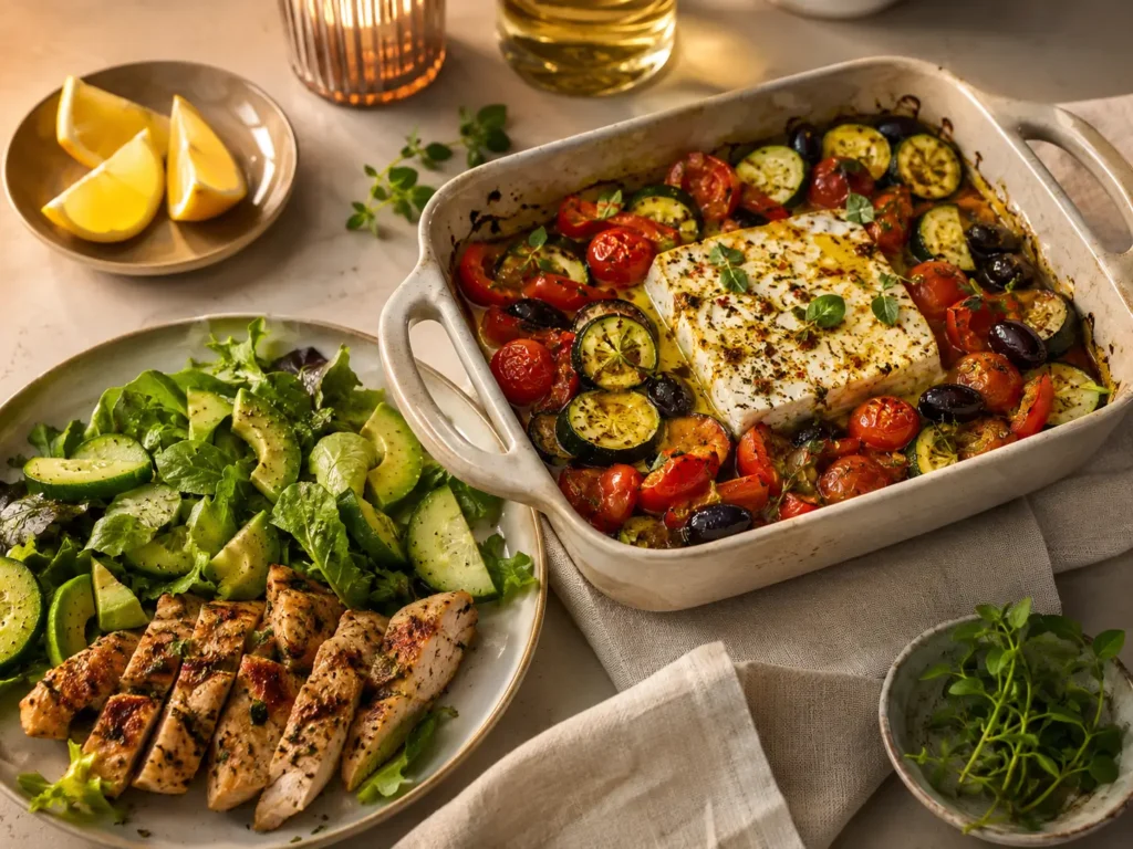 Low Carb Abendessen ohne Brot Pasta und Reis mit Ofen-Feta, Hähnchen und Salat