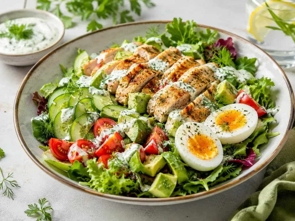 Low Carb High Protein Salat mit Hähnchen, Ei, Avocado und Joghurt-Dressing