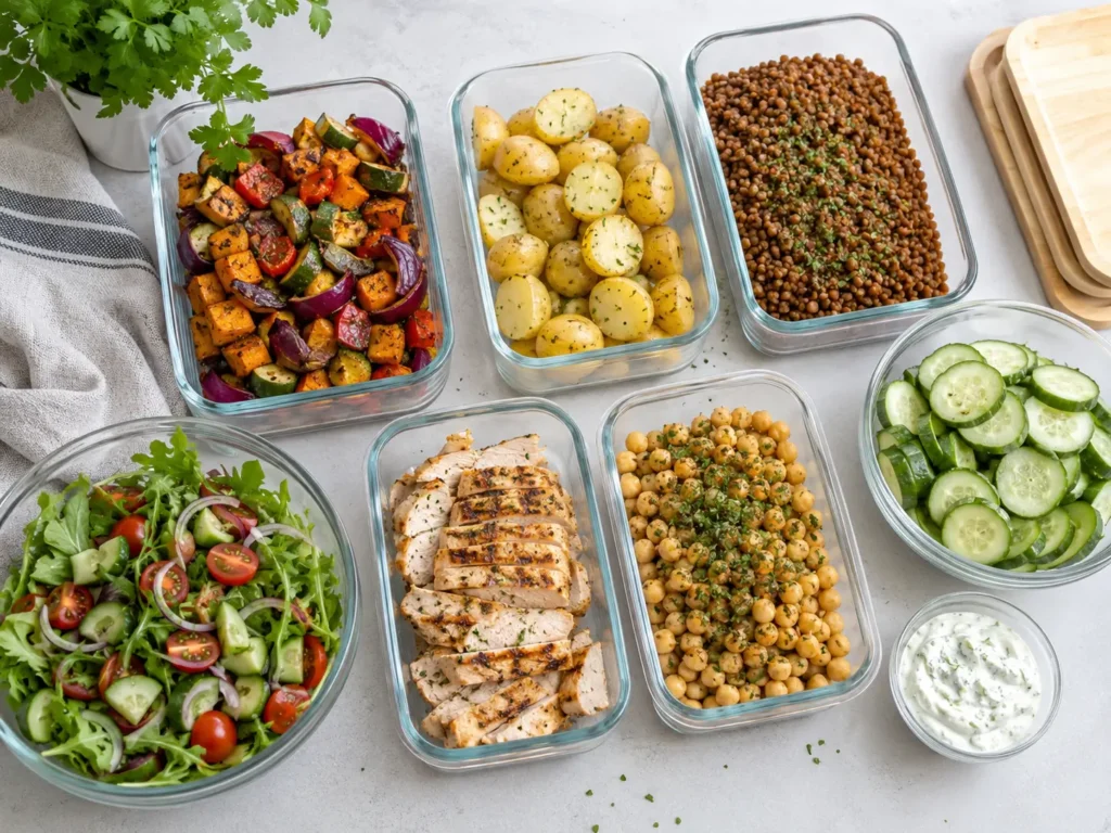 Meal Prep für Abendessen zum Abnehmen mit Gemüse Kartoffeln Eiweiß und Dip