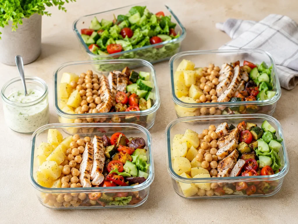 Meal Prep für Abendessen zum Abnehmen mit Gemüse Kartoffeln Hähnchen und Joghurtdressing