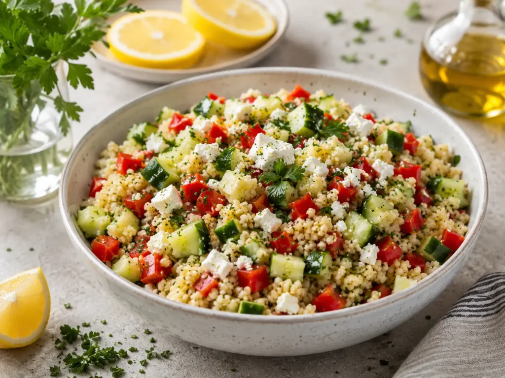 Mediterraner Couscous-Salat mit Feta, Gurke, Paprika und Petersilie