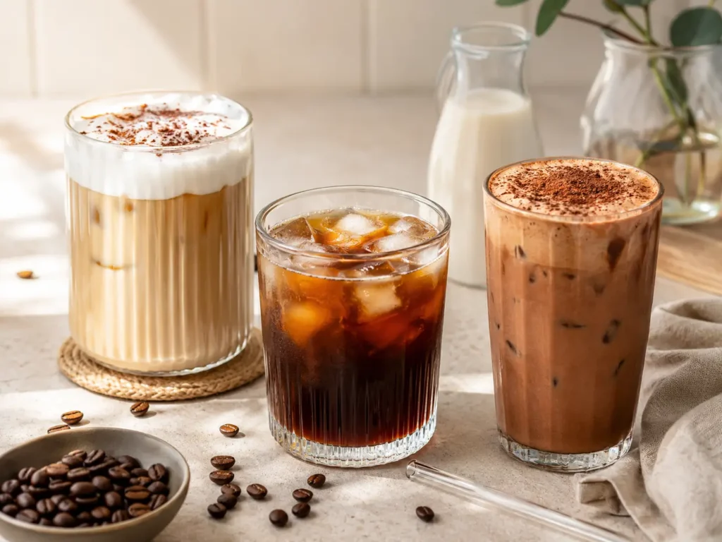 more iced coffee Alternativen mit Espresso, Eiswürfeln und cremiger Milch im Glas
