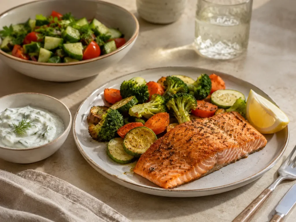 More Protein Abendessen mit Lachs, Ofengemüse und Joghurt Dill Sauce