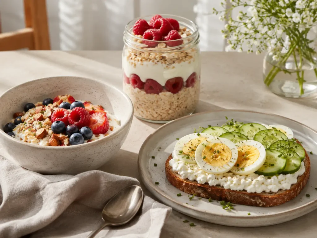 More Protein Frühstück mit Skyr Bowl, Overnight Oats und Hüttenkäse Toast mit Ei