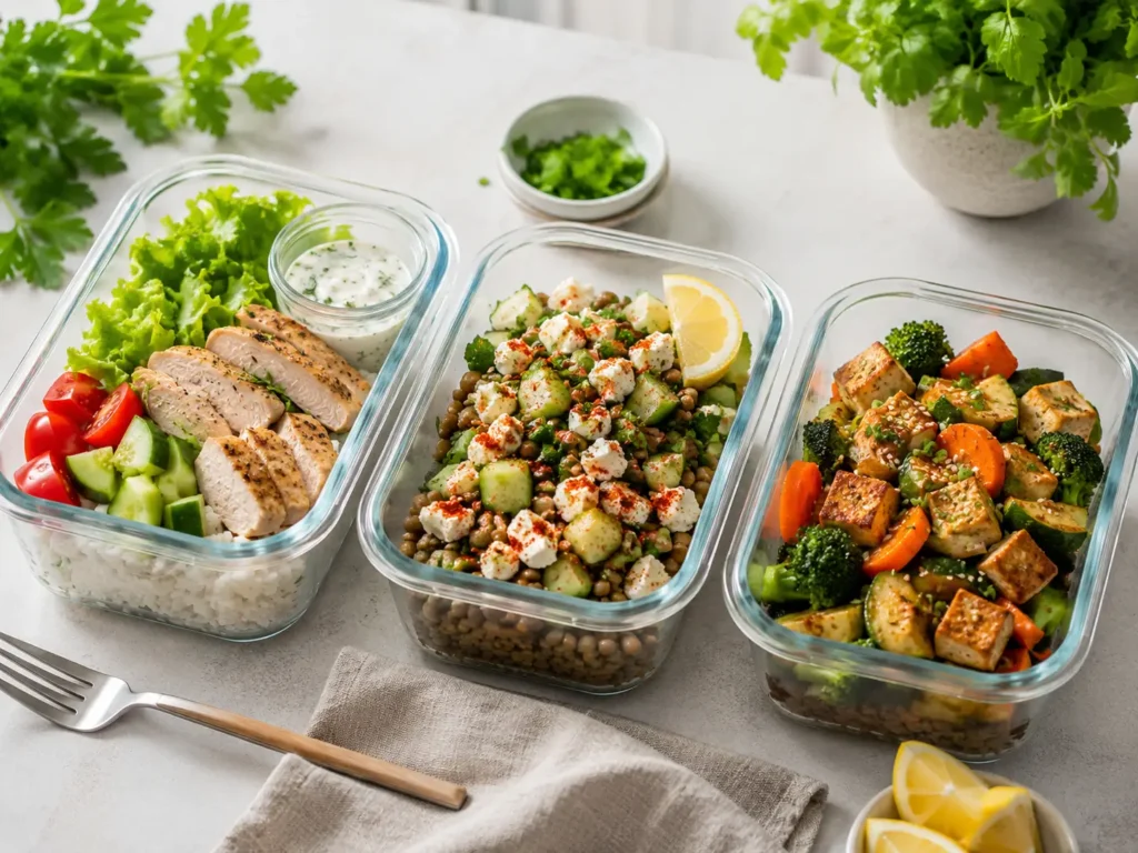 Proteinreiches Mittagessen als Meal Prep mit Hähnchen Bowl, Linsen Feta Salat und Tofu Gemüse Pfanne