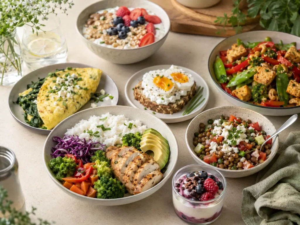 More Protein Rezeptideen mit Skyr Bowl, Omelett, Hähnchen Bowl, Linsensalat und Tofu-Gemüse-Pfanne