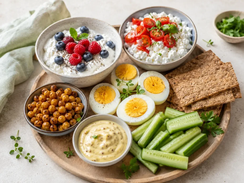 More Protein Snacks mit Quarkcreme, Hüttenkäse, gekochten Eiern und gerösteten Kichererbsen