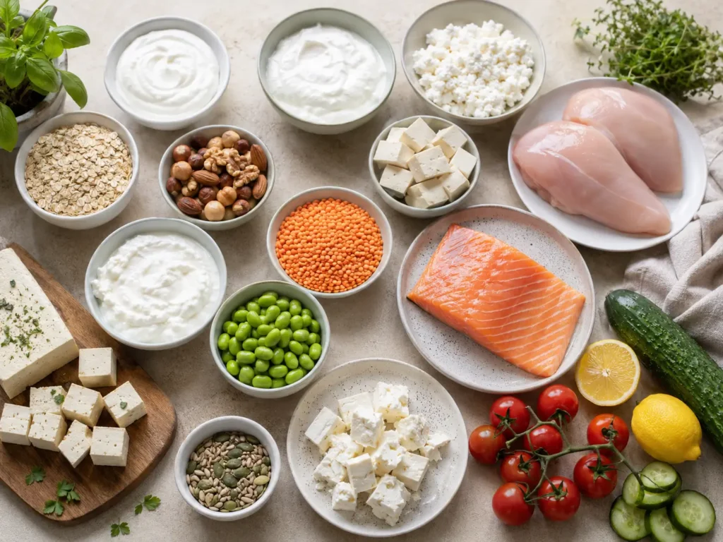 Zutaten für More Protein Rezepte mit Eiern, Skyr, Quark, Tofu, Linsen, Hähnchen und Lachs