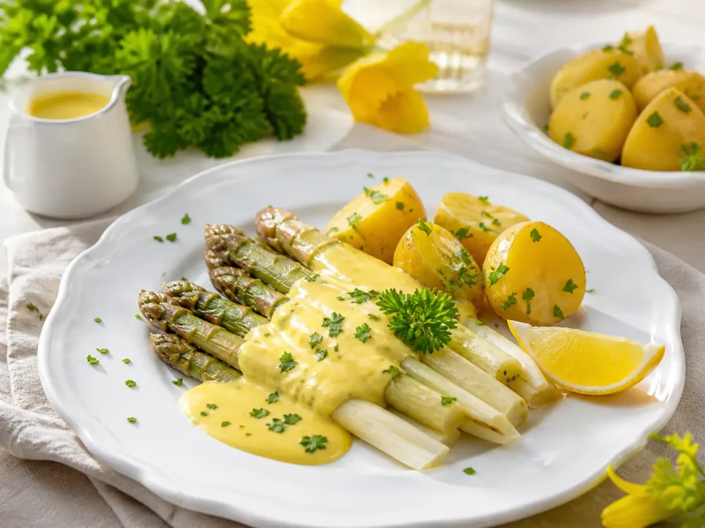 Ofenspargel mit Kartoffeln und Sauce Hollandaise serviert