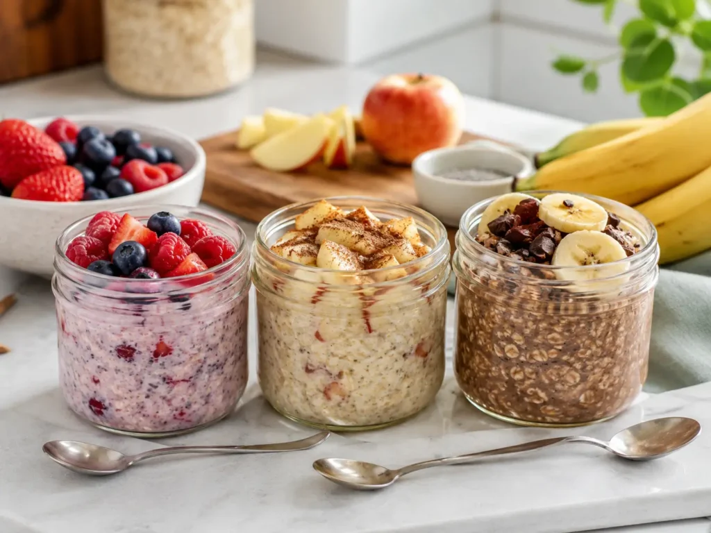 Overnight Oats zum Abnehmen mit Haferflocken in drei Meal-Prep-Gläsern